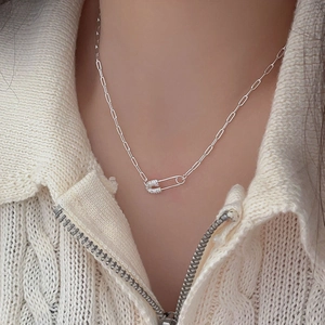 Minimalist 925 sterling silver paperclip chain necklace with zircon pin pendant