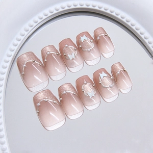 French Aurora Cat Eye Press-on Nails with 3D White Butterfly and Pearl Accents