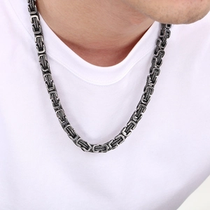Vintage Byzantine weave chain necklace in black and silver steel for men's rock style