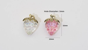 Detailed size view of strawberry charms showing 32x22mm dimensions and 3mm hole diameter