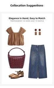 Flat lay of a woven leather handbag with a pleated top and denim skirt outfit set