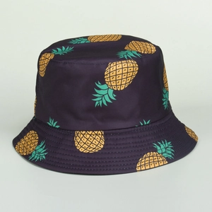 Detail of pineapple pattern on purple cotton bucket hat with reinforced brim stitching