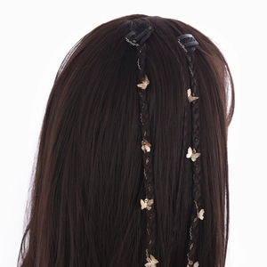 Deep brown braided hair extensions with golden butterfly charms and secure black BB clips