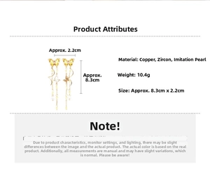 Detailed view of butterfly drop earrings with pearls and zircon stones showing dimensions