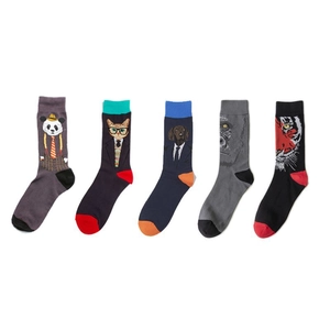 Five pack of men's cartoon animal socks with creative panda and tiger designs in cotton blend