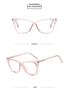 Detail view of pink transparent cat eye TR90 frames from front and side angles