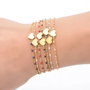 Bohemian 18k gold plated stainless steel heart charm bracelet set with colorful enamel beads