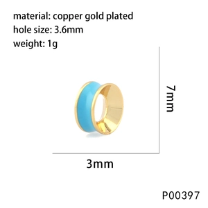 Close-up of sky blue enamel gold-plated copper spacer bead with detailed dimensions