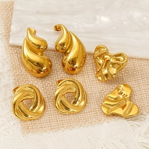 Three pairs of elegant 18K gold plated stainless steel earrings in textured drop shapes