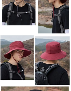 Outdoor sun hat with wide brim, adjustable chin strap, and breathable side vents