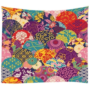 Japanese style floral tapestry with traditional circular patterns on a white background
