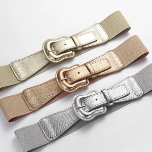 Three-piece women's elastic belts set in gold, rose gold, and silver finishes with pin buckles