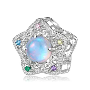 Star Charm Bead 925 Sterling Silver Moonstone Colorful Cubic Zirconia Hollow Out DIY Jewelry Making Accessory