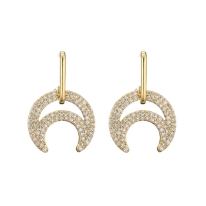 Elegant gold double moon stud earrings featuring micro-paved zircons on a white background