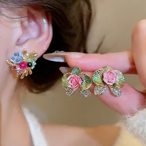 Floral silver needle earrings with colorful glaze and sparkling rhinestones for women