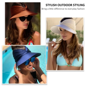 Three colors of women's open top sun hats shown in outdoor and poolside settings