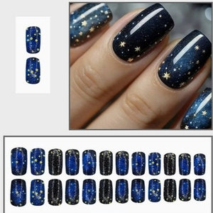 Deep blue galaxy press-on nails set with gold star patterns in medium square shape