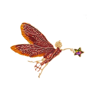 Vintage fairy wings brooch with colorful enamel and crystal star on gold metal