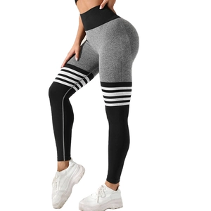 High-waist seamless yoga pants with grey-black patchwork and white stripes on thigh