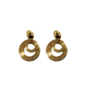 Vintage golden double hoop earrings with spiral texture and oval stud in minimalist style