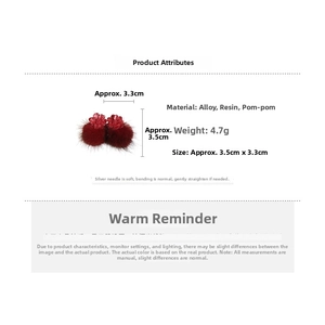 Detailed size and weight specs for red plush flower earrings with resin and alloy