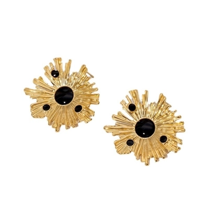 Vintage irregular golden stainless steel stud earrings with black center in sunburst design