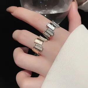 Geometric Square Stacking Adjustable Open Ring With White Shell Texture And Cubic Zirconia Minimalist Jewelry Women