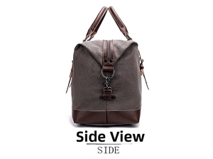 Side view of canvas travel bag with leather trim and premium metal hardware details