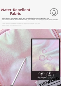 Close-up of waterproof pearlescent fabric and pink zipper on a large swimming bag