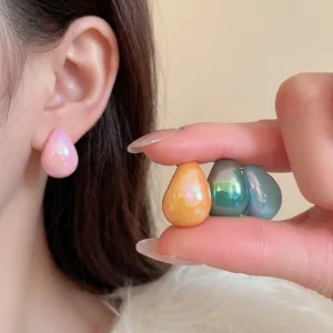 Minimalist iridescent teardrop earring set with glossy aurora finish for women