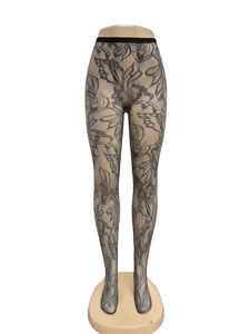 Detail of dark grey floral lace tights with intricate mesh pattern on mannequin
