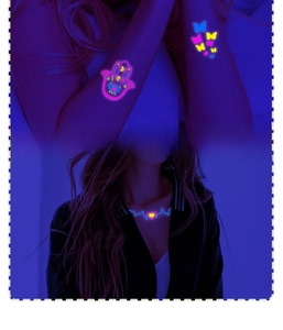Luminous Hamsa and butterfly tattoo stickers showing neon glow effect on skin in dark