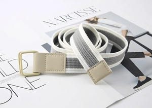 Detailed shot of grey and white striped canvas belt with beige double ring buckle
