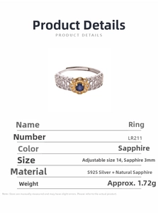 Detail view of S925 silver ring with natural sapphire and hollow woven texture