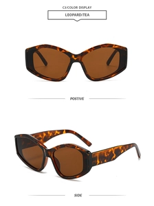 Detail view of leopard frame sunglasses with tea lenses from front and side angles