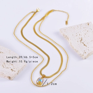 Detail view of gold layered necklace set with square pendant and size measurements