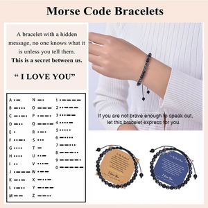 Morse code bracelet with black matte stones and message card for personalized gifts