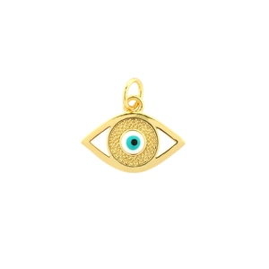 Detail view of a gold-plated Evil Eye pendant with blue enamel and zircon inlay on white base