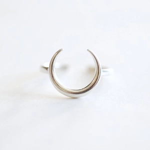 Minimalist S925 sterling silver moon open ring with adjustable band on white background