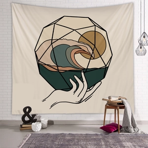 Tapisserie murale géométrique moderne avec motif vagues sur un mur en briques blanches