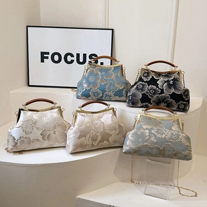 Retro cheongsam handbag with floral embroidery and wooden handle in multiple colors