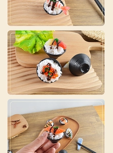 Macro detail of miniature sushi food models with realistic rice and seafood textures