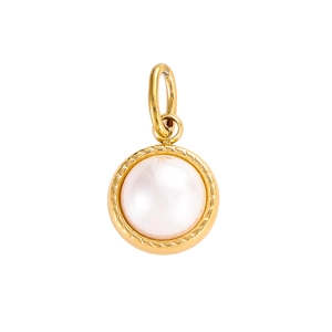 Close-up of a round pink pearl pendant with elegant gold setting for jewelry making