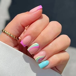 Glossy square press-on nails with colorful wave lines and pink French tips in summer colors