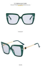 Front and side views of green cat-eye sunglasses with gold metal temples and grey lenses
