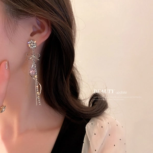 Silver drop earrings with pink water drop crystal, flower stud and sparkling tassel
