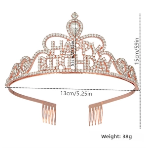 Rose gold birthday tiara with rhinestones and HAPPY BIRTHDAY text showing 13x15x5.5cm size