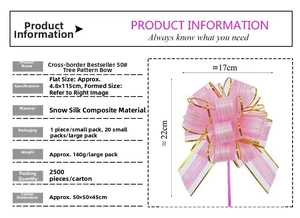 Pink wood grain chiffon pull bow gift decoration with gold trim and 17cm diameter detail