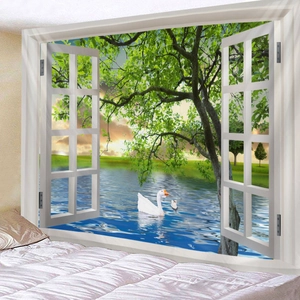 Detail of wall tapestry featuring 3D window view of a serene lake with swans and sunset