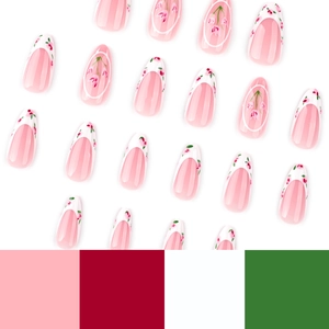 Faux ongles tulipes françaises blancs et roses avec motifs floraux forme amande
